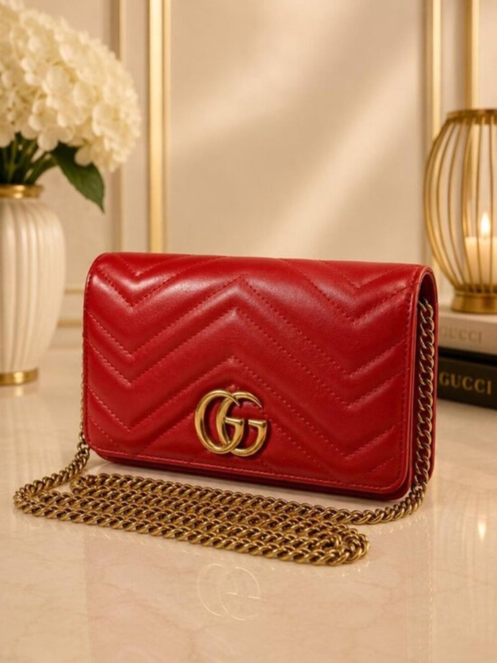 Authentic Gucci GG Marmont Mini Red Matelassé Chain Wallet Crossbody